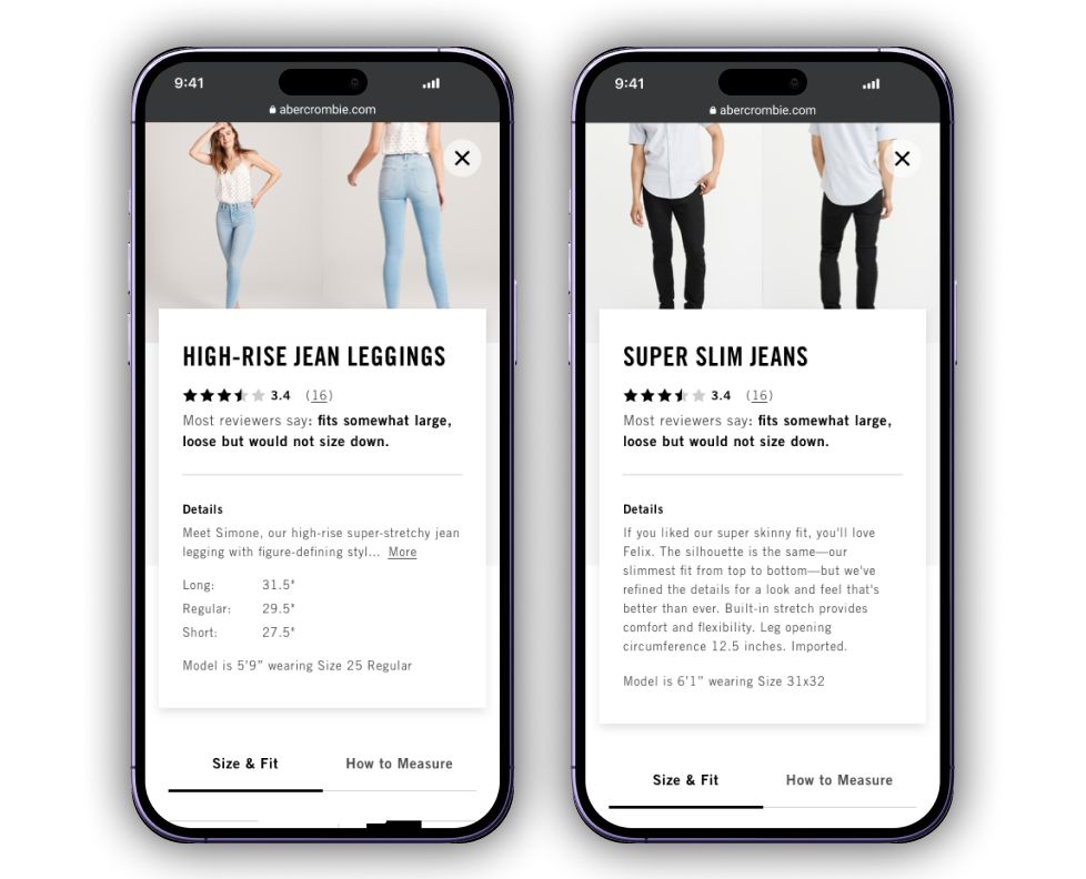 Image of size guide in a mobile screen